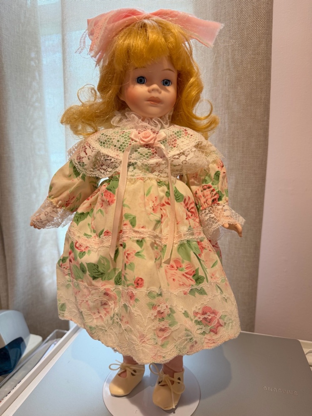 Vintage-Style Floral Lace porcelain Doll in Pink and Cream